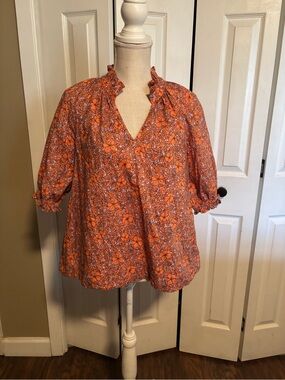 AVARA Orange Floral V-Neck Ruffle Sleeve Women's Top Size Large